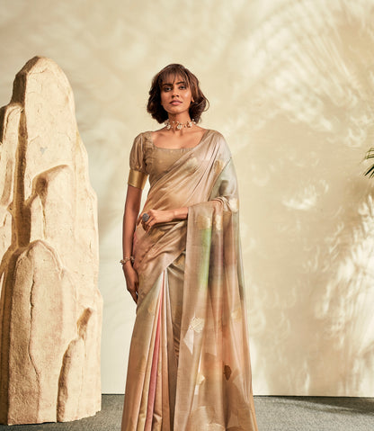 Champagne Gold Printed Linen Ready To Wear/Easy Saree by Stylebypanaash