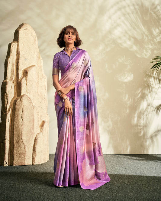 Lavender printed linen easy saree with short-sleeve blouse, draped sari front view
