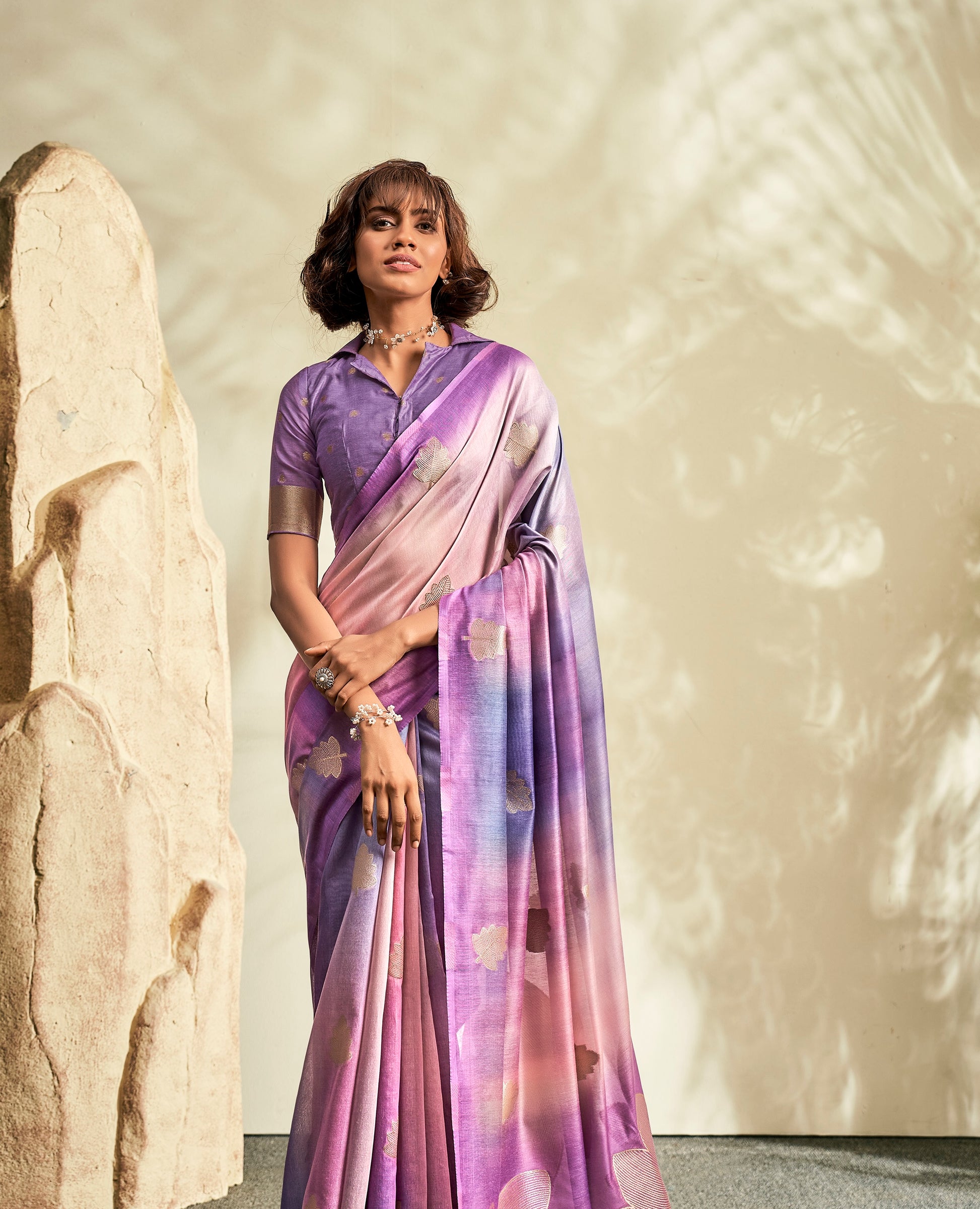 Lavender Printed Linen Ready To Wear/Easy Saree by Stylebypanaash