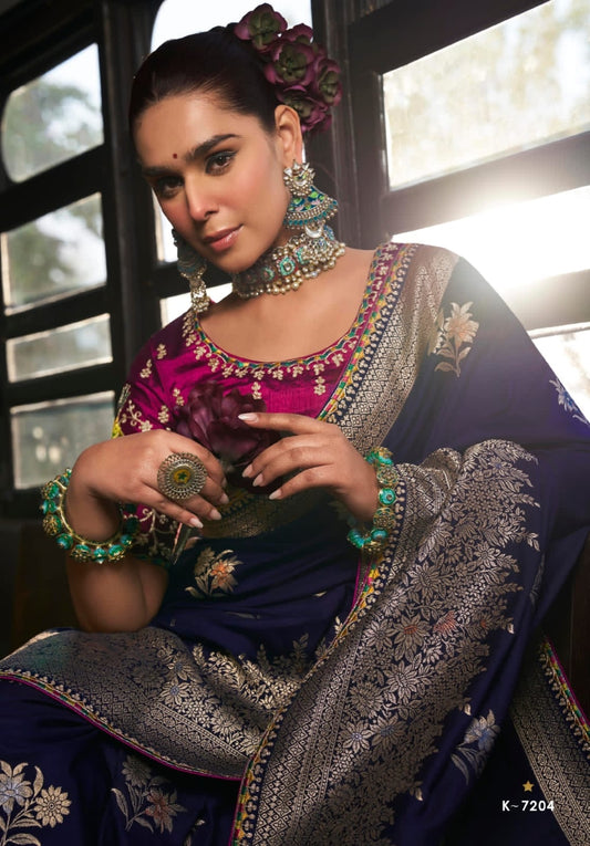Navy Blue Banarasi Soft Silk Readymade/Easy Saree