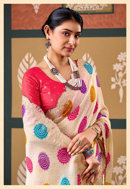 Cream Multicolor Chiffon Ready To Wear/Easy Saree