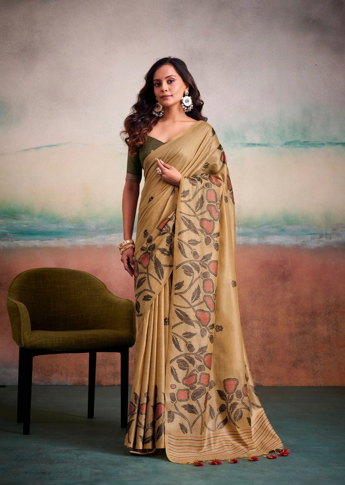 Beige Mul Cotton Ready To Wear/Easy Saree - Panaash Saree