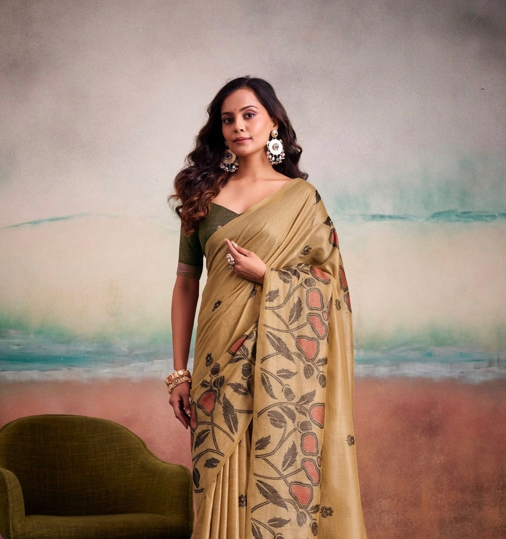 Beige Mul Cotton Ready To Wear/Easy Saree - Panaash Saree
