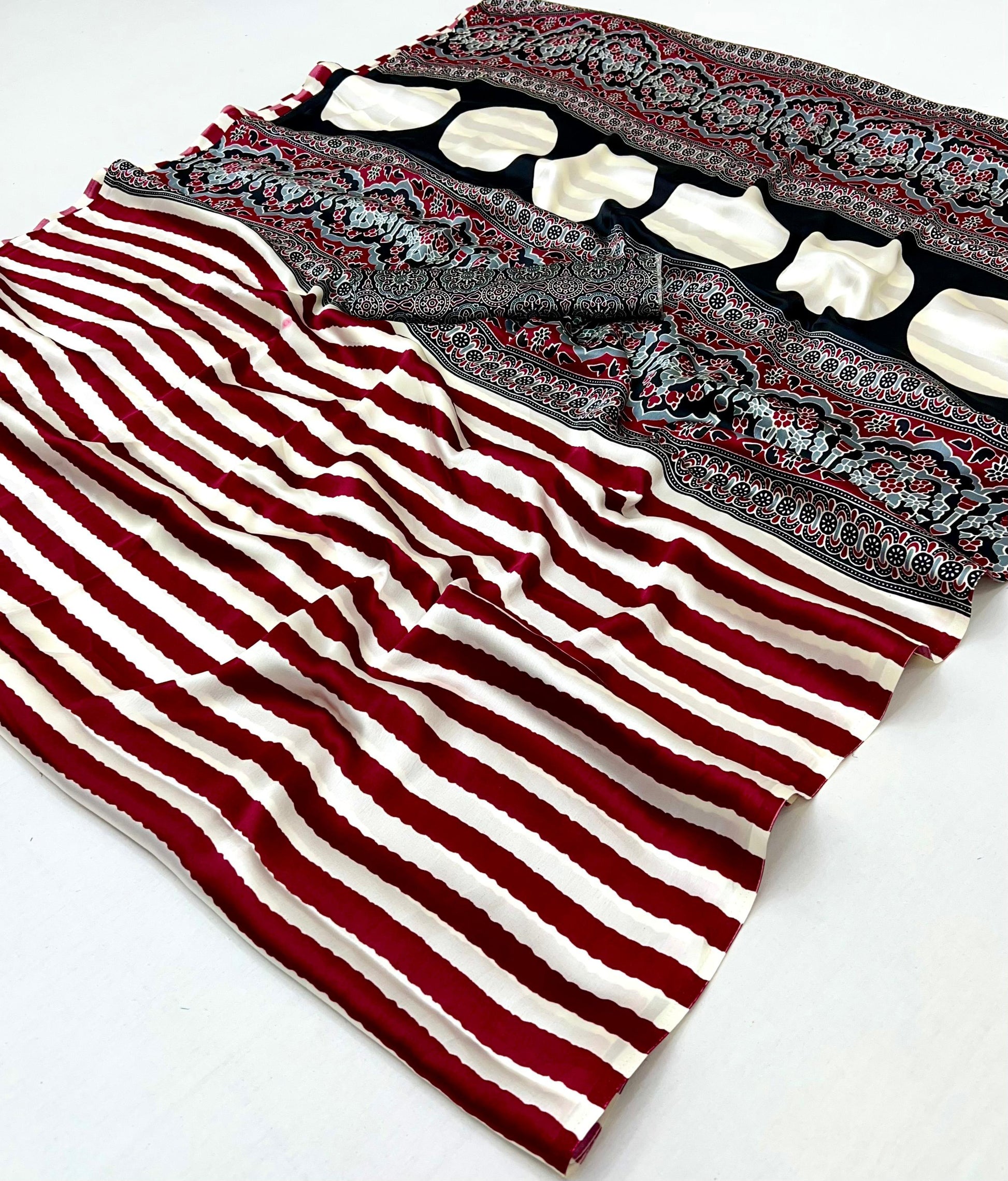 Maroon Stripe Crepe Silk Ready To Wear/Easy Saree by Stylebypanaash 