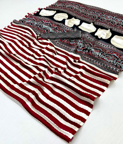 Maroon Stripe Crepe Silk Ready To Wear/Easy Saree by Stylebypanaash 