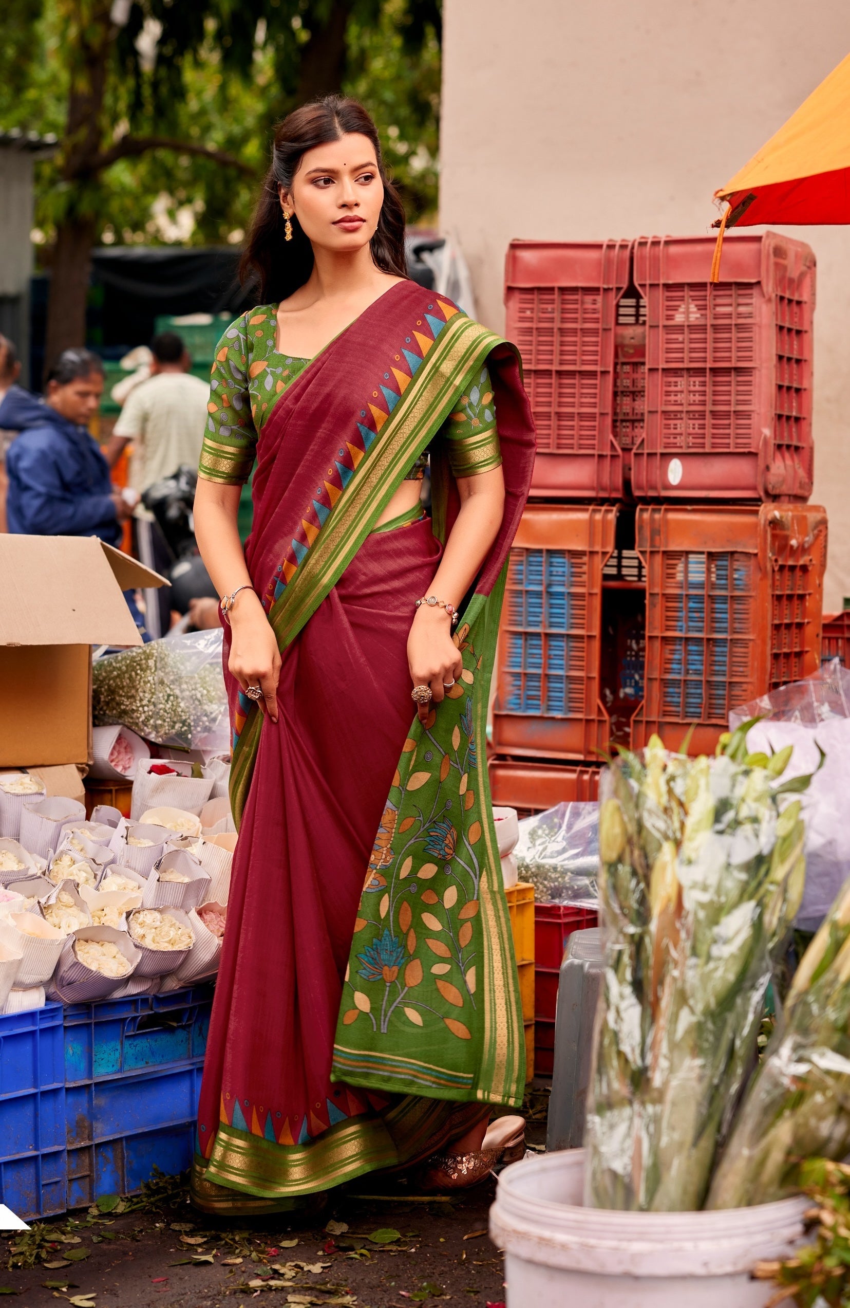 Maroon Cotton Ready To Wear/Easy Saree by Stylebypanaash 