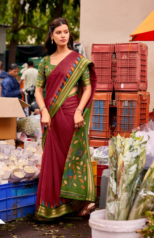 Maroon cotton easy saree with green-and-gold border and floral print drape