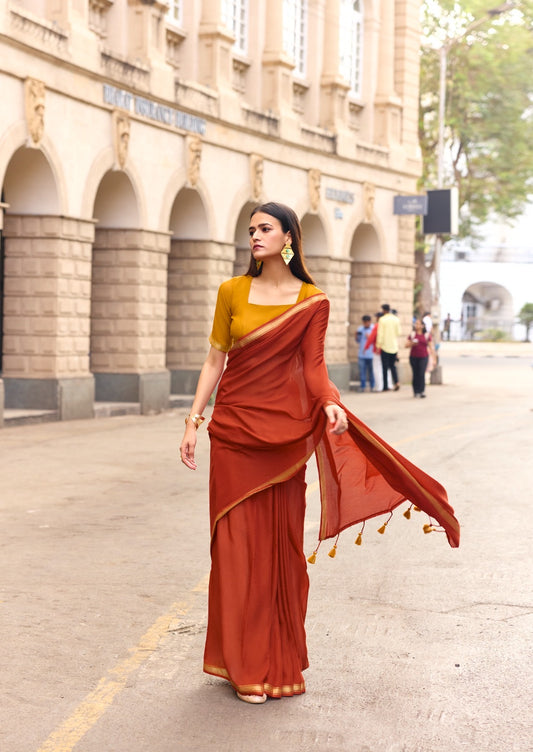 Rust Mul Cotton Ready To Wear/Easy Saree
