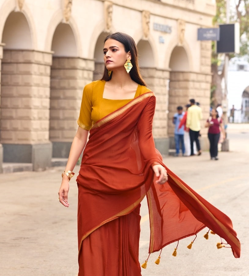 Rust Mul Cotton Ready To Wear/Easy Saree