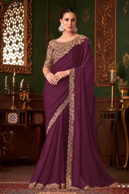 Wine Cocktail Party Wear Readymade Saree
