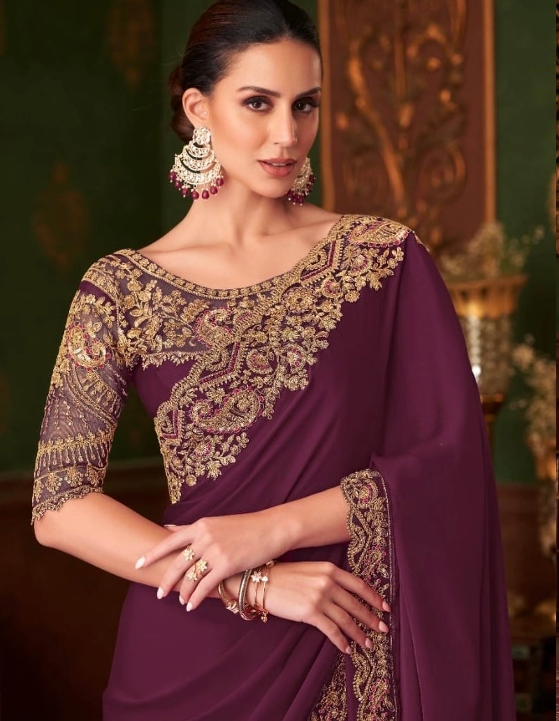 Wine Cocktail Party Wear Readymade Saree