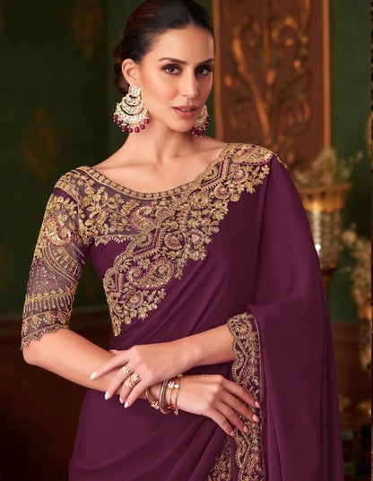 Wine Cocktail Party Wear Readymade Saree