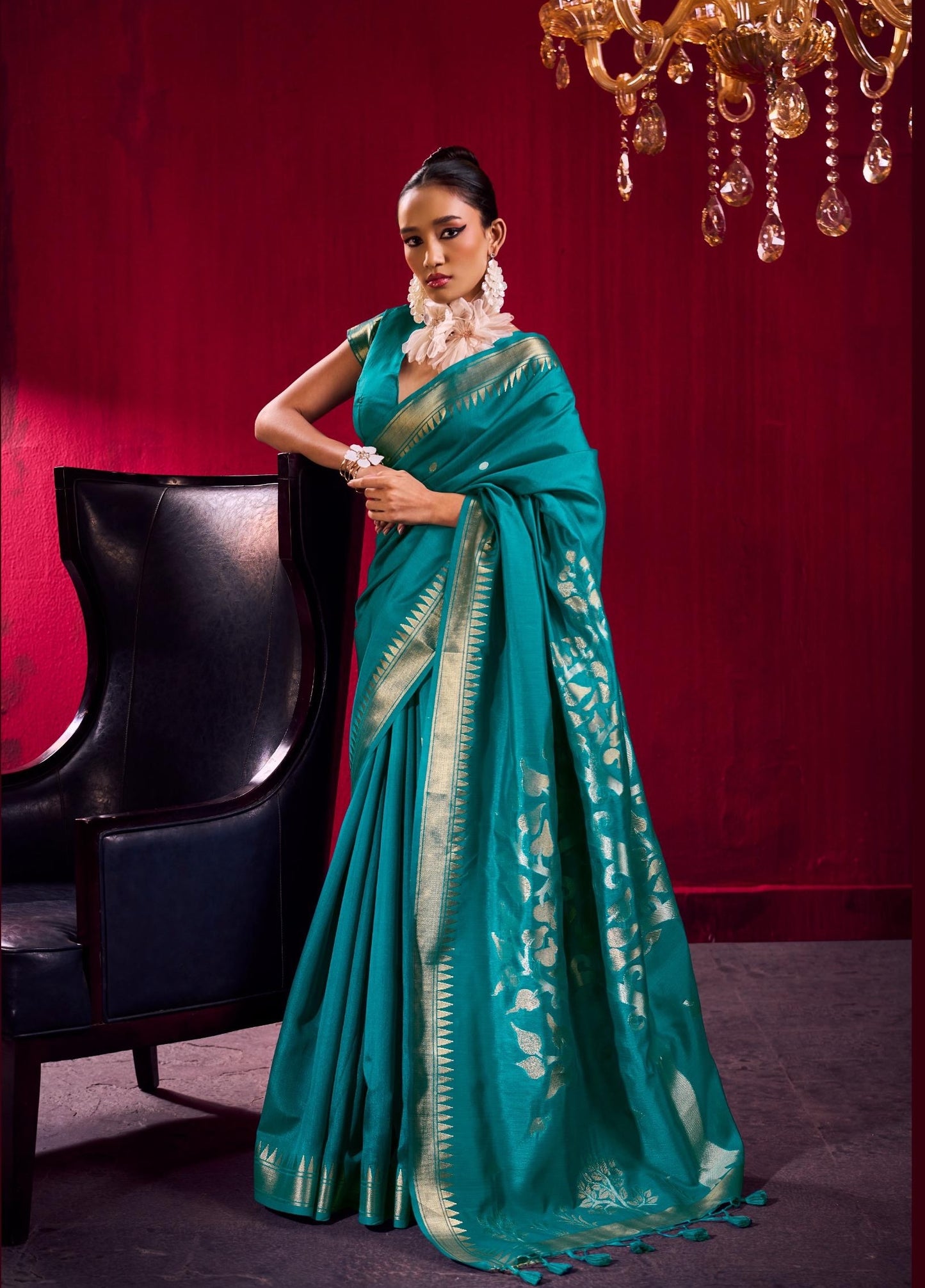 Teal Green Kataan Silk Readymade/Easy Saree - Panaash Saree