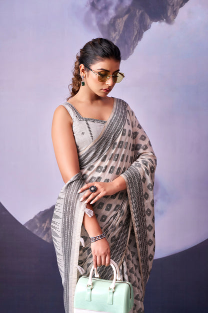 Grey & White Diamond Cotton Ready To Wear/Easy Saree by Stylebypanaash 