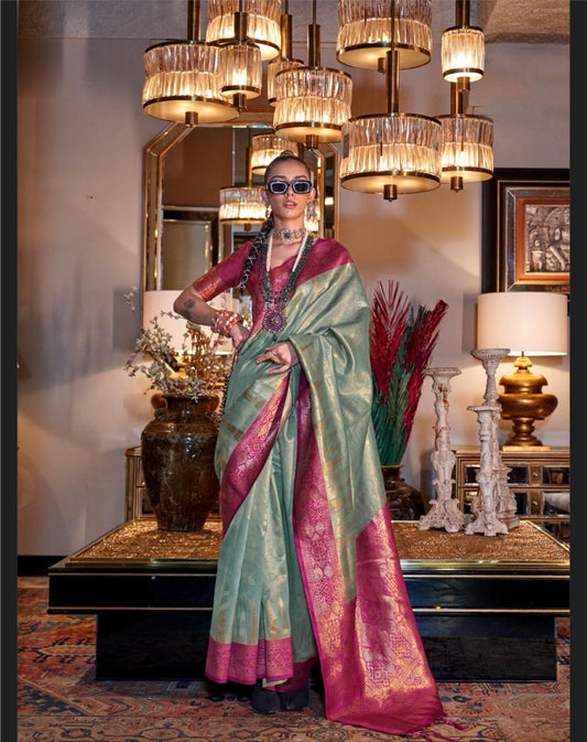 Green Color Zari Woven Tissue Silk Readymade/Easy Saree