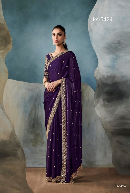 Purple Organza Readymade/Easy Saree With Fancy Blouse Piece