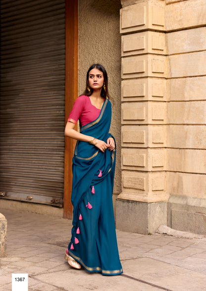 Turquoise Mul Cotton Ready To Wear/Easy Saree