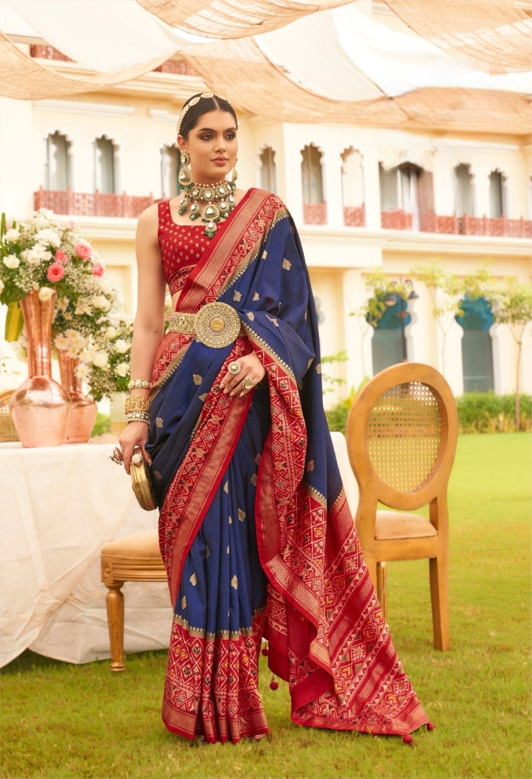 Navy Blue Color Patola Silk Readymade/Easy Saree