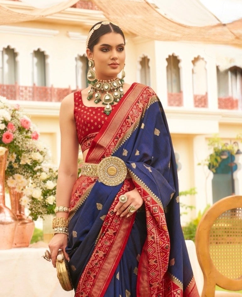 Navy Blue Color Patola Silk Readymade/Easy Saree