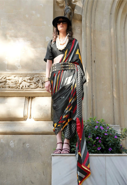 Black Multicolour Crepe Silk Readymade/Easy Saree - Panaash Saree