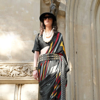 Black Multicolour Crepe Silk Readymade/Easy Saree - Panaash Saree