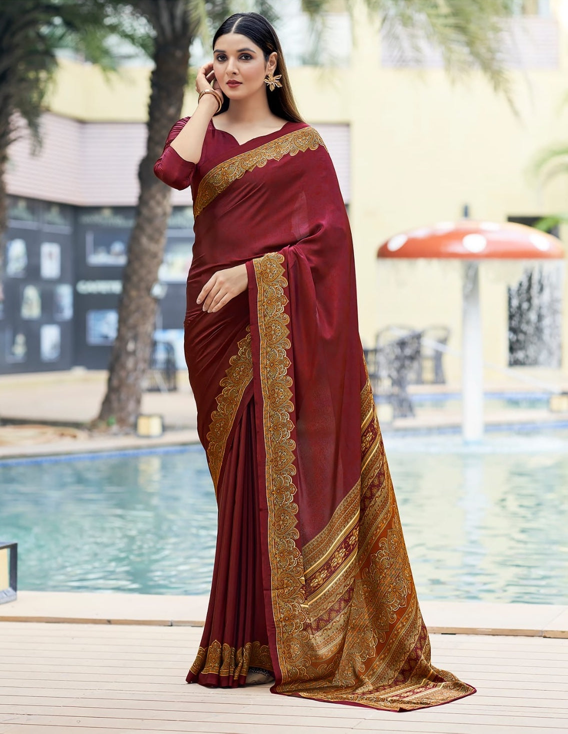 Maroon crepe silk easy saree with gold border and pallu drape
