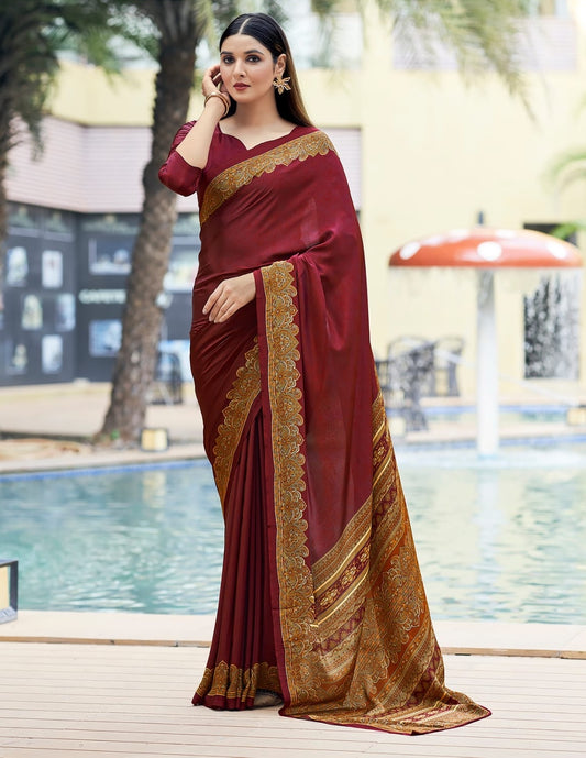 Maroon crepe silk easy saree with gold border and pallu drape