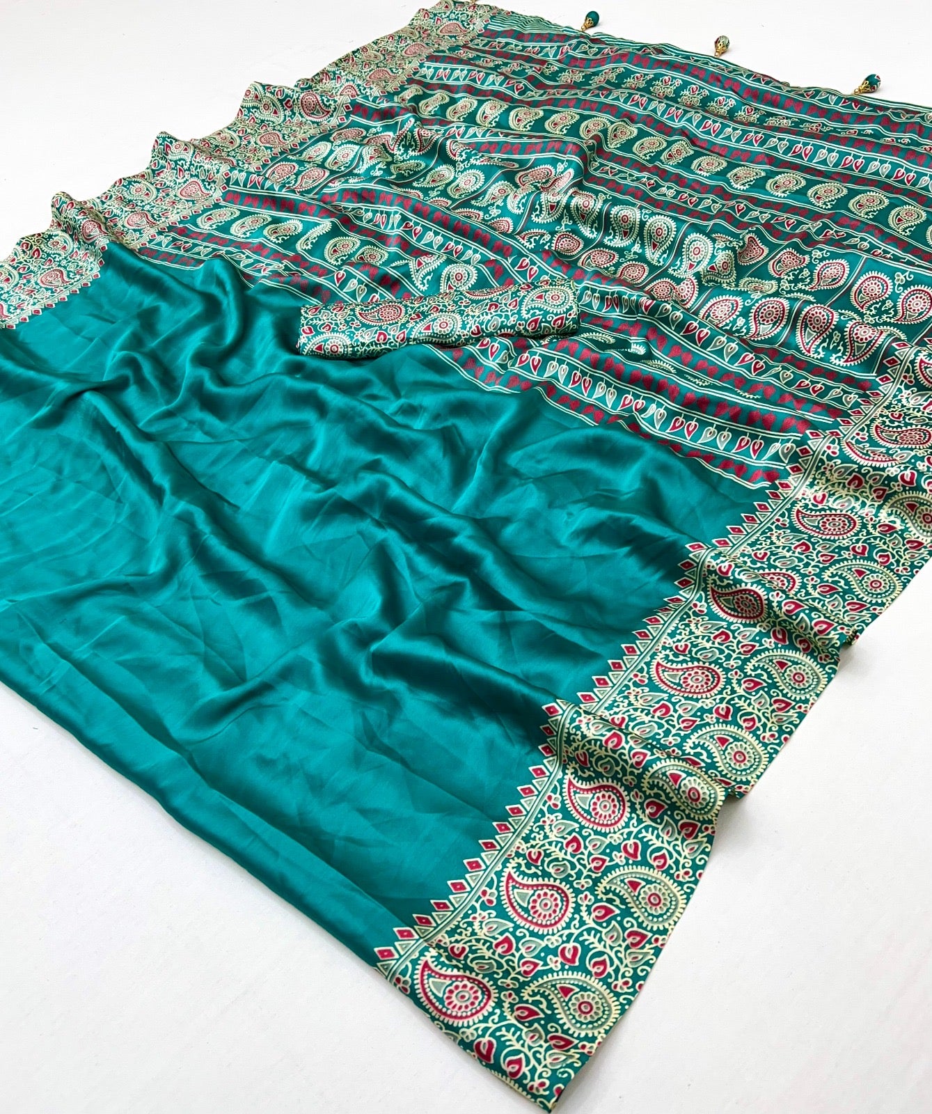 Sea Green Readymade Crepe Ajrakh Silk Saree - Panaash Saree