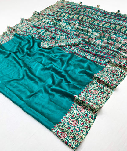 Sea Green Readymade Crepe Ajrakh Silk Saree - Panaash Saree