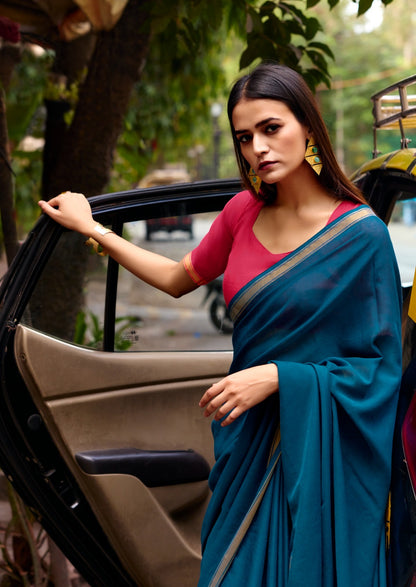 Turquoise Mul Cotton Ready To Wear/Easy Saree