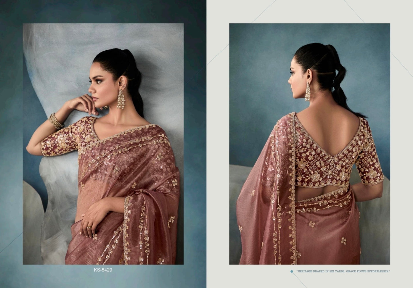 Mocha Organza Readymade/Easy Saree With Fancy Blouse Piece