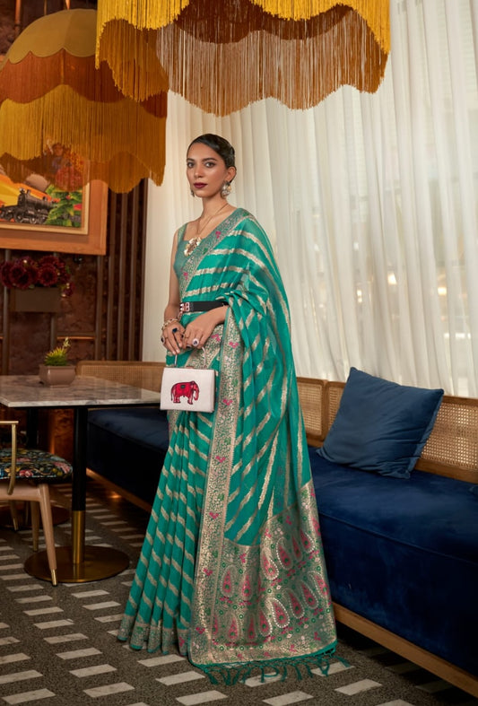 Teal blue Organza Readymade/Easy Saree