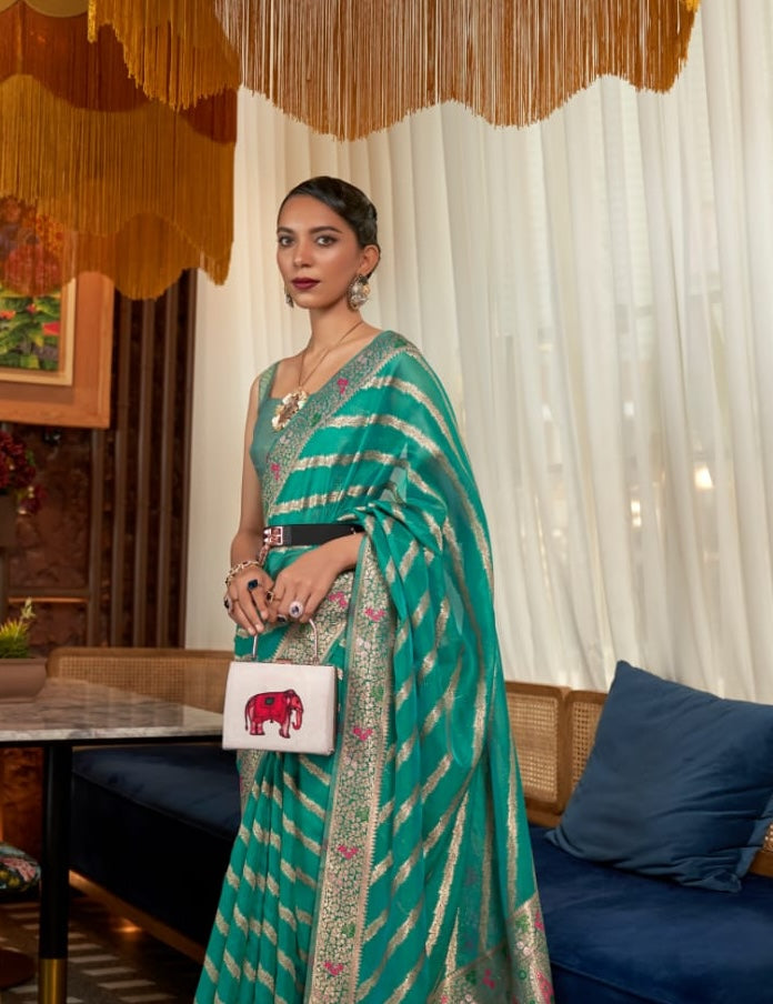 Teal blue Organza Readymade/Easy Saree