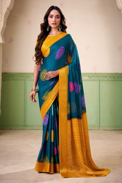 Turquoise Polka Dot Readymade Crepe Silk Saree