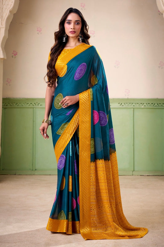 Turquoise Polka Dot Readymade Crepe Silk Saree