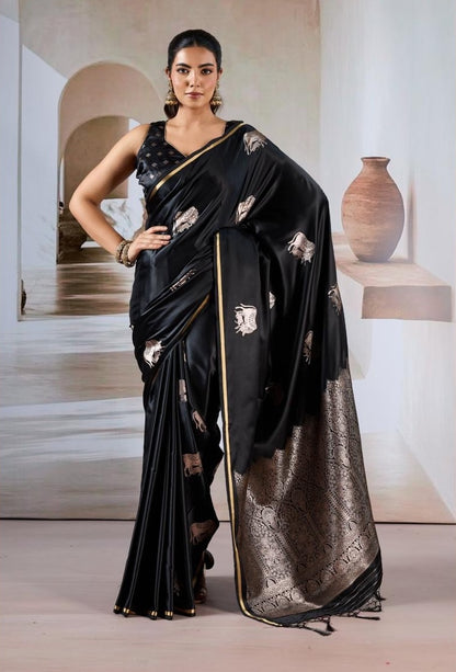 Black Satin Silk Readymade/Easy Saree - Panaash Saree