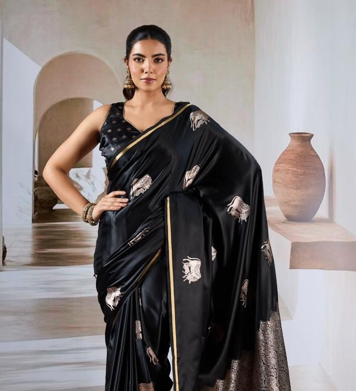 Black Satin Silk Readymade/Easy Saree - Panaash Saree
