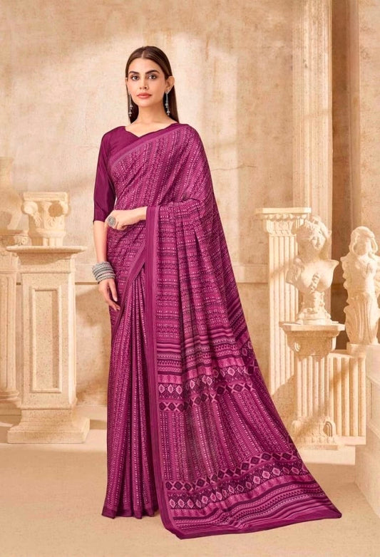 Magenta crepe silk ready-to-wear saree with patterned border and pleated drape