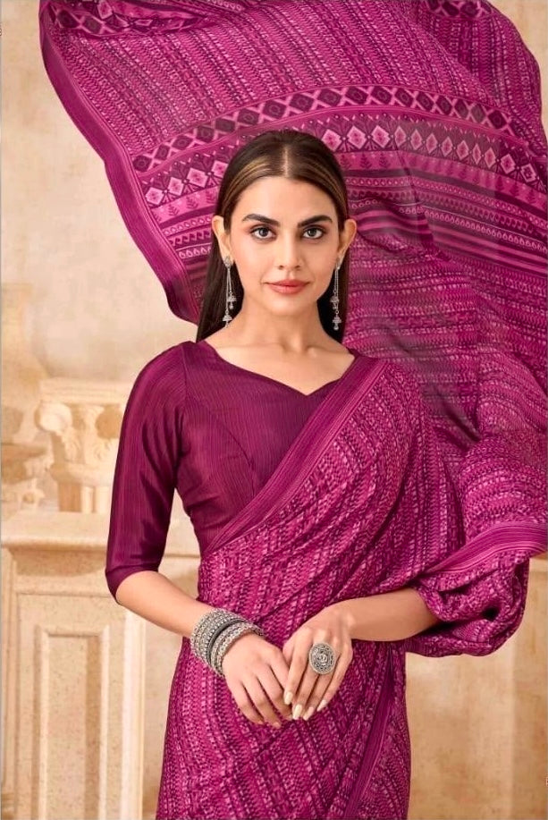 Deep Magenta Crepe Silk Ready To Wear/Easy Saree by Stylebypanaash 