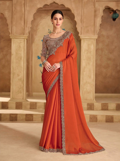 Burnt Orange Cocktail Party Wear Readymade Saree