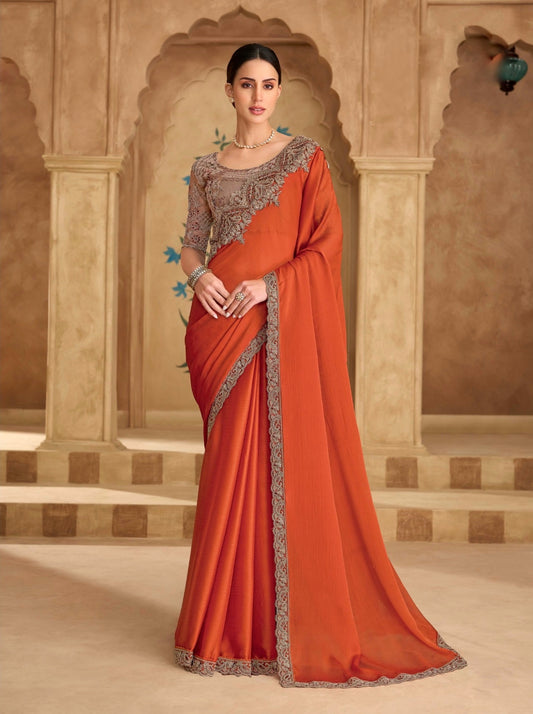 Burnt Orange Cocktail Party Wear Readymade Saree