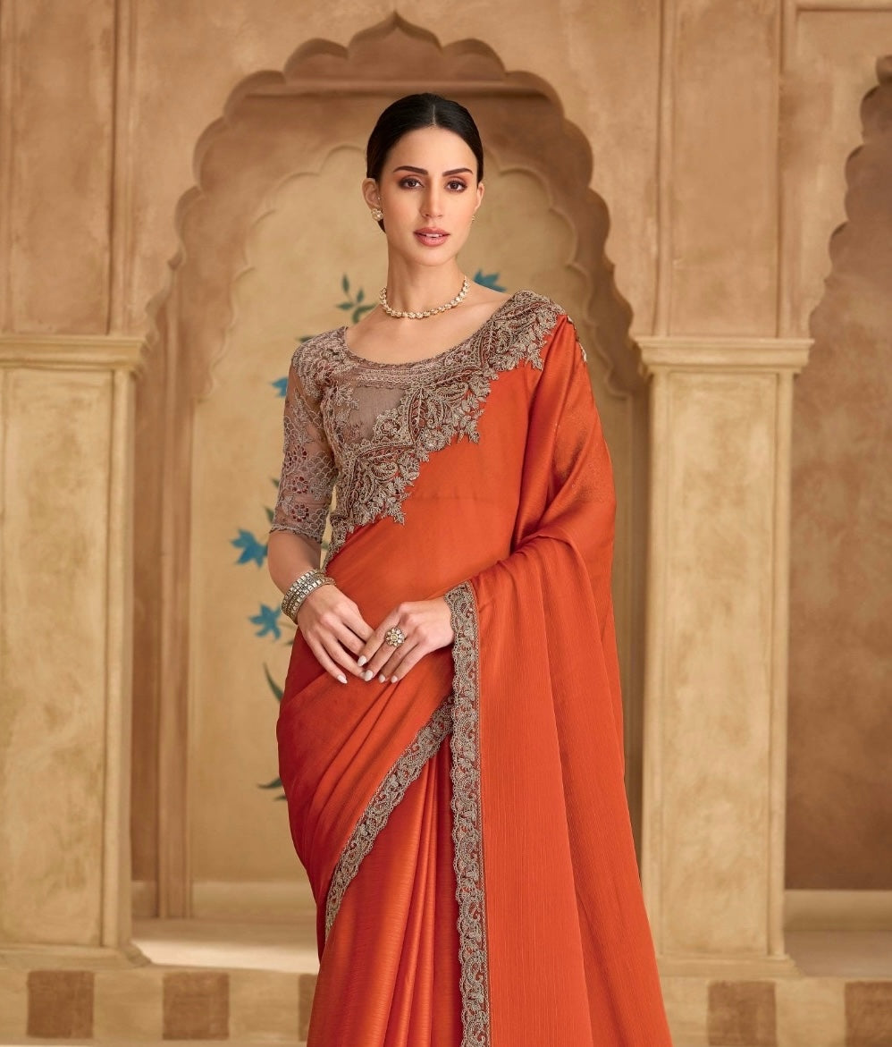 Burnt Orange Cocktail Party Wear Readymade Saree