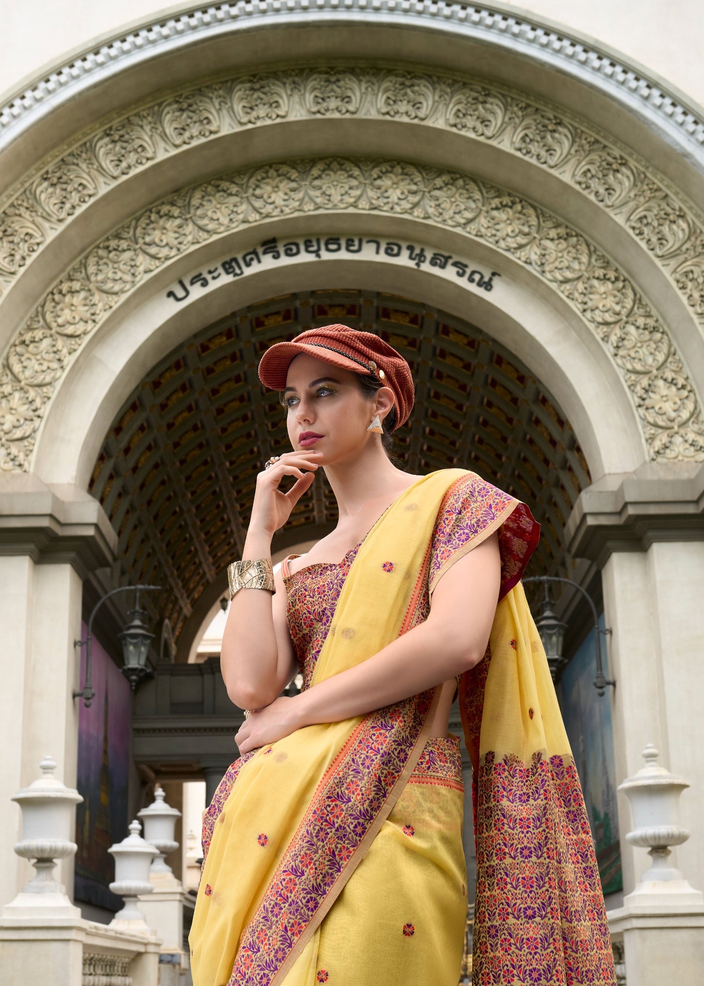 Yellow Color Resham Woven Linen Cotton Easy/Readymade Saree