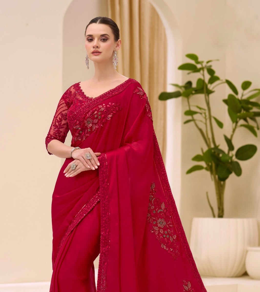 Red Cocktail Party Wear Readymade Saree