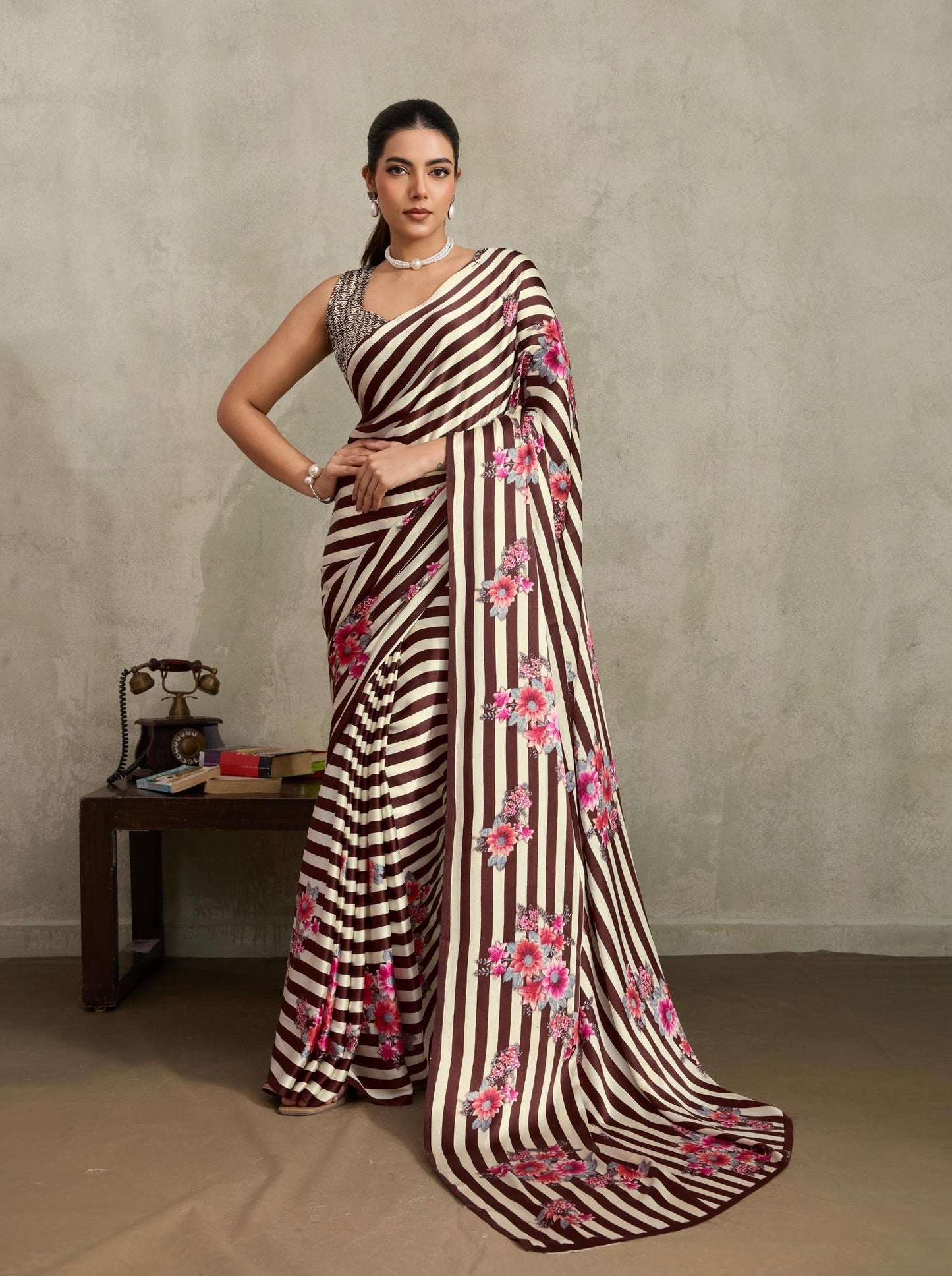 Brown and white Stripe Crepe Silk Readymade/Easy Saree