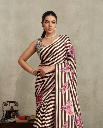 Brown and white Stripe Crepe Silk Readymade/Easy Saree