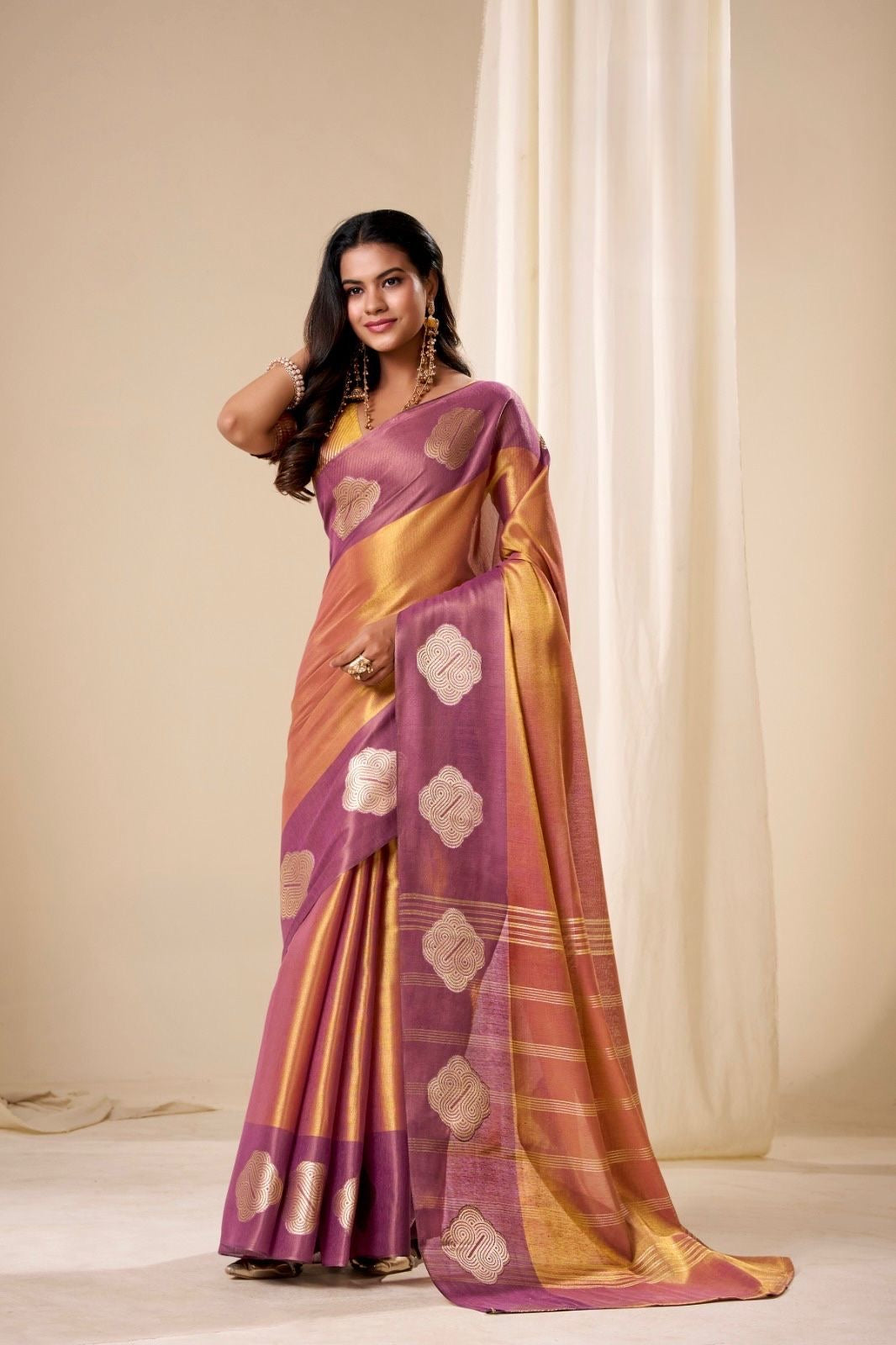 Golden-Orange Tissue Silk Readymade/Easy Saree
