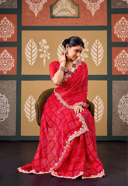Red Chiffon Ready To Wear/Easy Saree