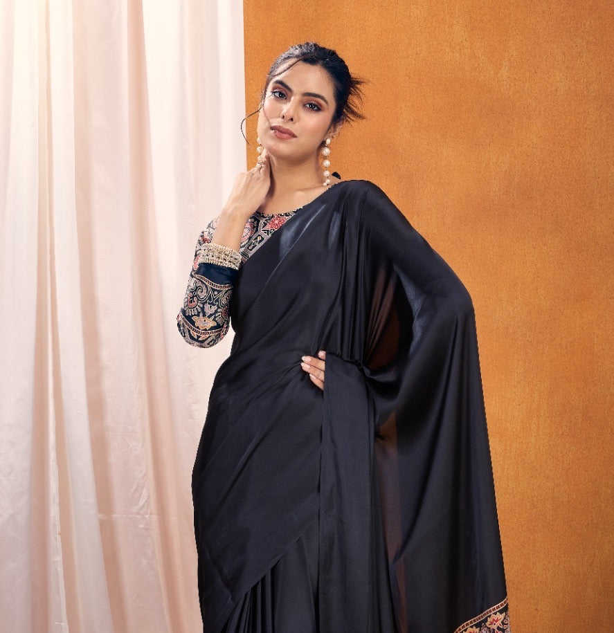 Plain Black – Readymade Ajrakh Saree