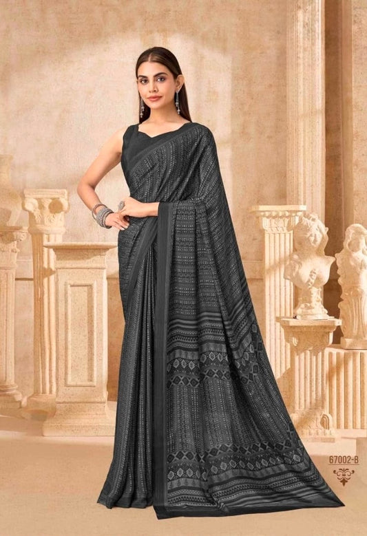Charcoal black crepe silk ready-to-wear saree, patterned border and pleated drape